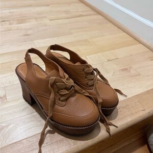 INTENTIONALLY BLANK Tan Leather Lace-Up Slingback Block Heels
